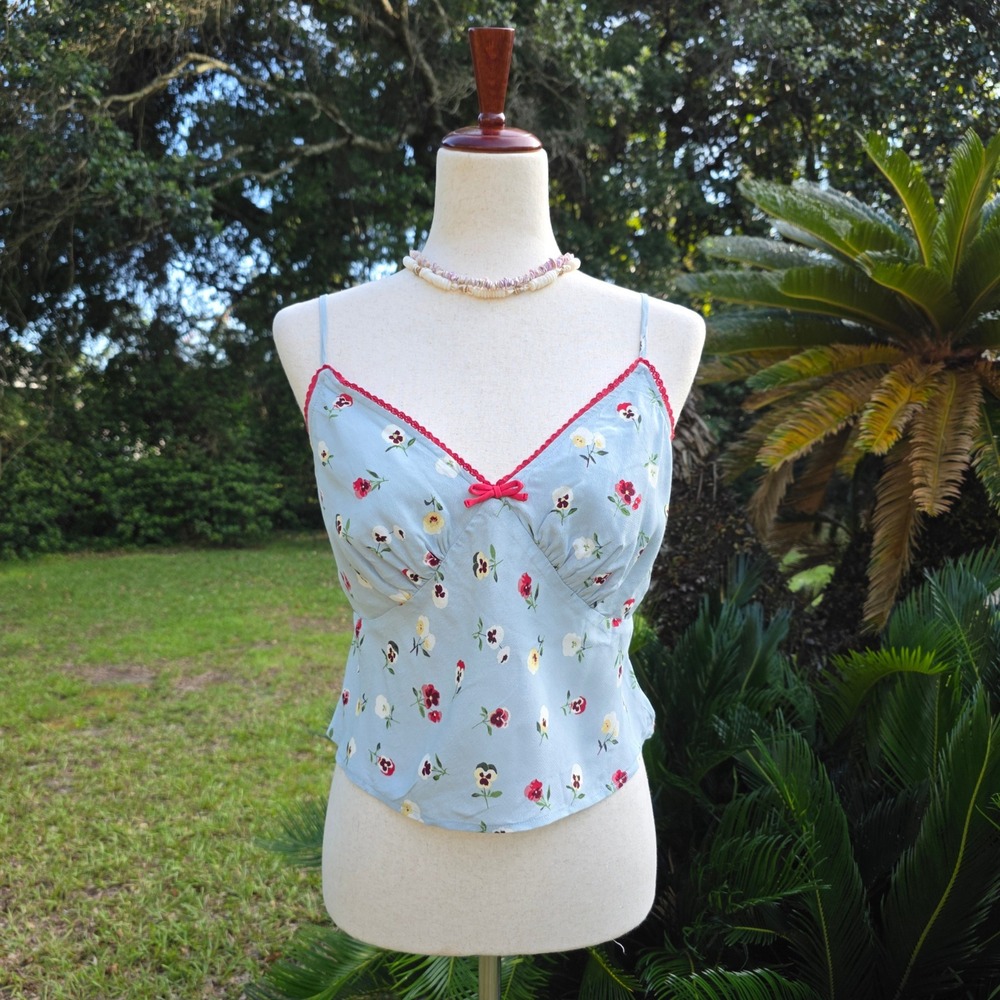 Gap x Doen Cami Size M Light Blue Floral Cottagecore Romantic Bow Coquette